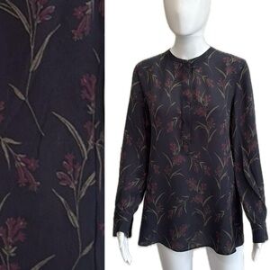 Theory 100% Silk Tunic Blouse Womens Size M Black Floral Long Sleeve 1/2 Placket